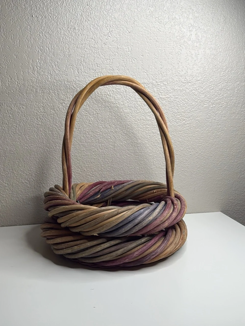 Woven Decorative Basket with Handle in Pink and Natural Tones